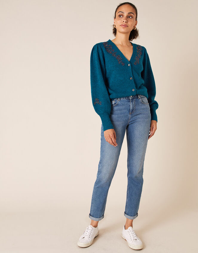 Beaded Knit Cardigan with Recycled Fabric, Teal (TEAL), large