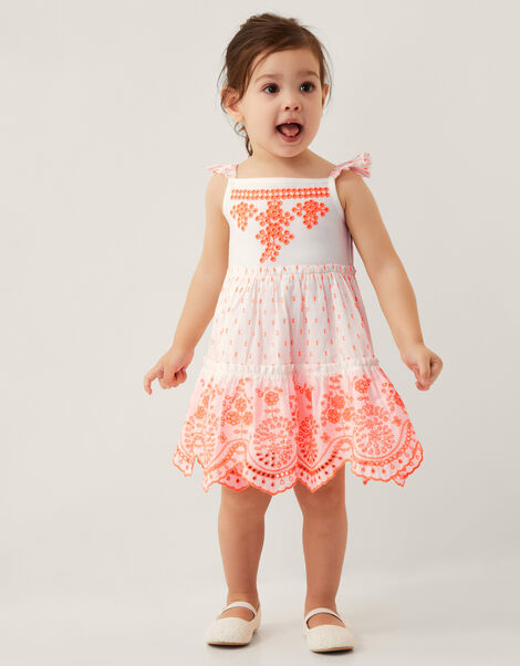 Baby Broderie Tiered Cotton Sundress, Orange (ORANGE), large