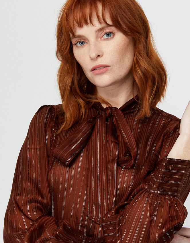 Elodie Metallic Pussybow Blouse, Brown (CHOCOLATE), large