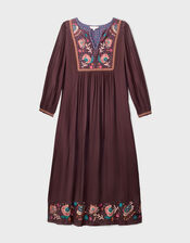 East Eliana Embroidered Long Sleeve Midi Dress, Brown (BROWN), large