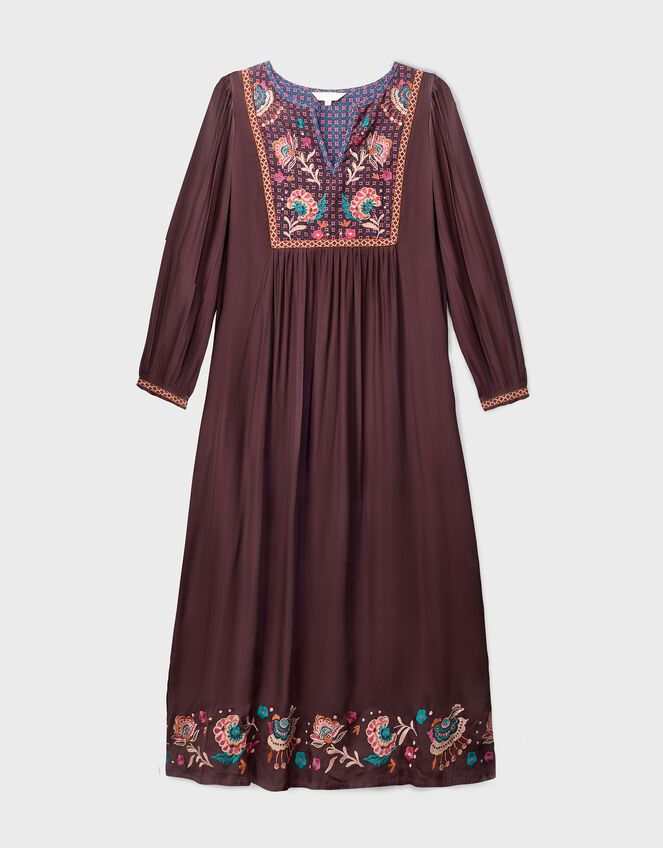 East Eliana Embroidered Long Sleeve Midi Dress, Brown (BROWN), large