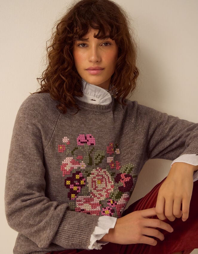 Carri Floral Cross Stitch Crew Neck Jumper, Mink (MINK), large