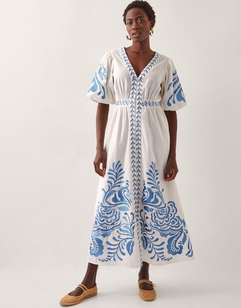 Maria Embroidered Puff Sleeve Midi Dress, White (WHITE), large