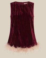 Emma Sleeveless Feather Crushed Velvet Top, Red (BURGUNDY), large