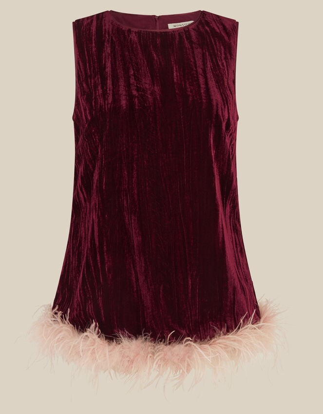 Emma Sleeveless Feather Crushed Velvet Top, Red (BURGUNDY), large