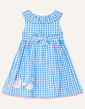 Baby Gingham Animal Hem Dress, Blue (BLUE), large