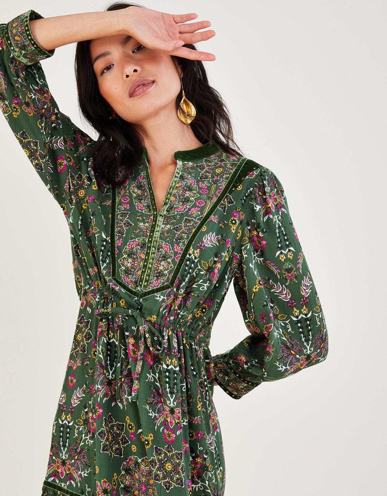 Heritage Print and Velvet Trim Tiered Dress Green