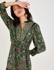 Heritage Print and Velvet Trim Tiered Dress, Green (KHAKI), large