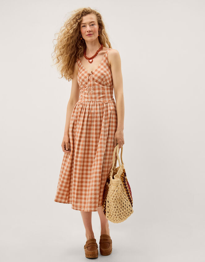 Hattie Sleeveless Gingham Midi Dress, Orange (CORAL), large