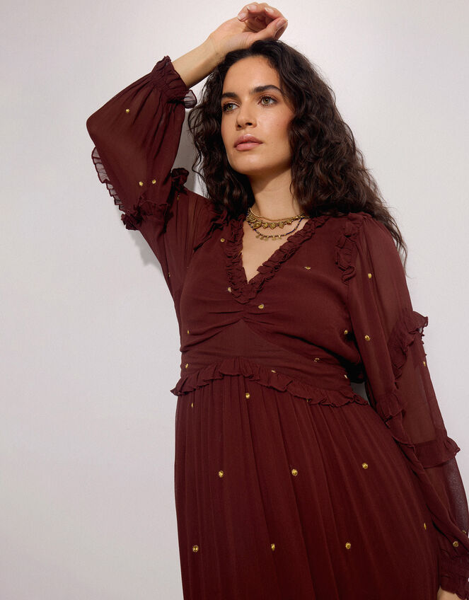 East Foil Polka Dot Ruffle Dress, Brown (BROWN), large