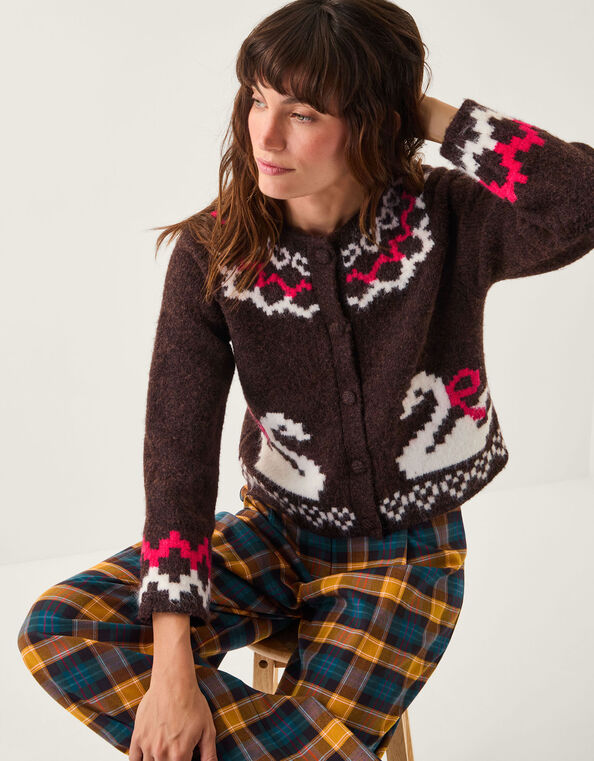 Monsoon x Sarah Corbett-Winder Swan Fair Isle Cardigan, Brown (CHOCOLATE), large