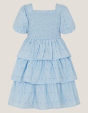 Floral Broderie Puff Sleeve Tiered Dress, Blue (BLUE), large