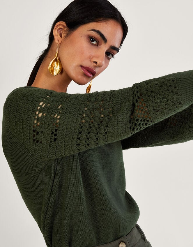 Crochet Sleeve Jumper, Green (KHAKI), large