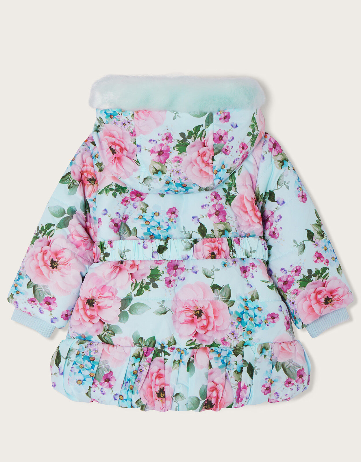 Baby Belted Padded Floral Coat Blue