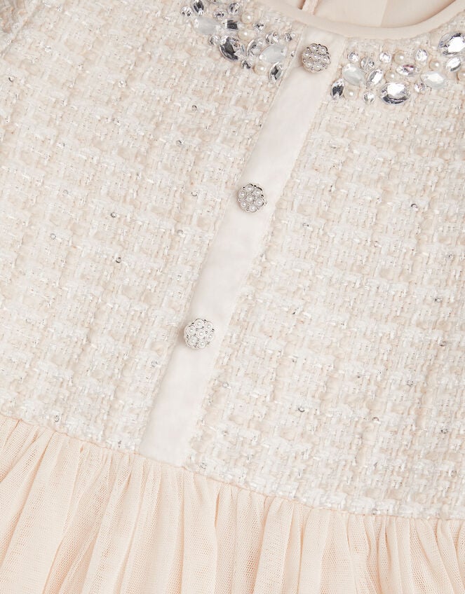 Embellished Tweed Mesh Dress, Ivory (IVORY), large