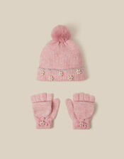 Scallop Beanie Hat & Fingerless Gloves Set, Pink (PINK), large
