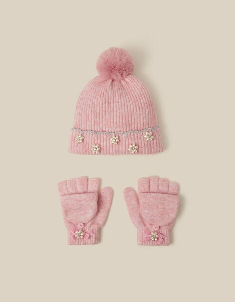 Scallop Beanie Hat & Fingerless Gloves Set, Pink (PINK), large