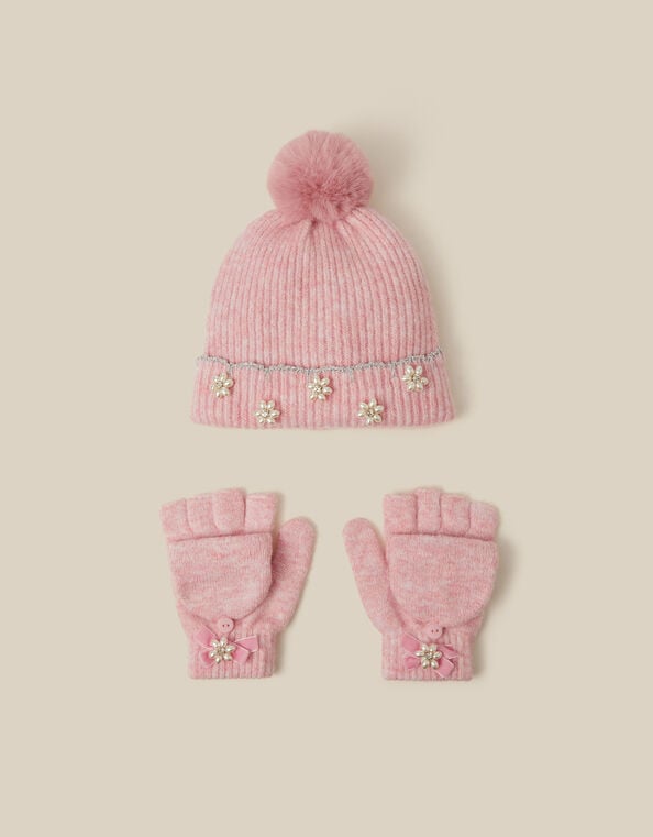 Scallop Beanie Hat & Fingerless Gloves Set, Pink (PINK), large