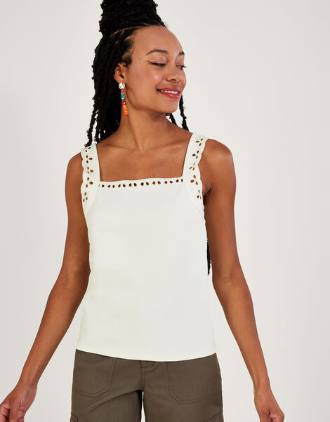 Jersey Cutwork Cami Tank Top, Ivory (IVORY), large