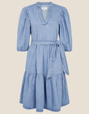 Puff Sleeve Belted Denim Dress, Blue (DENIM BLUE), large