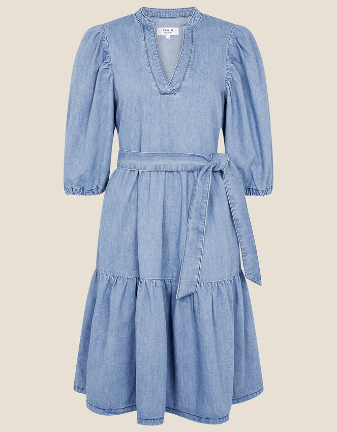 Puff Sleeve Belted Denim Dress, Blue (DENIM BLUE), large