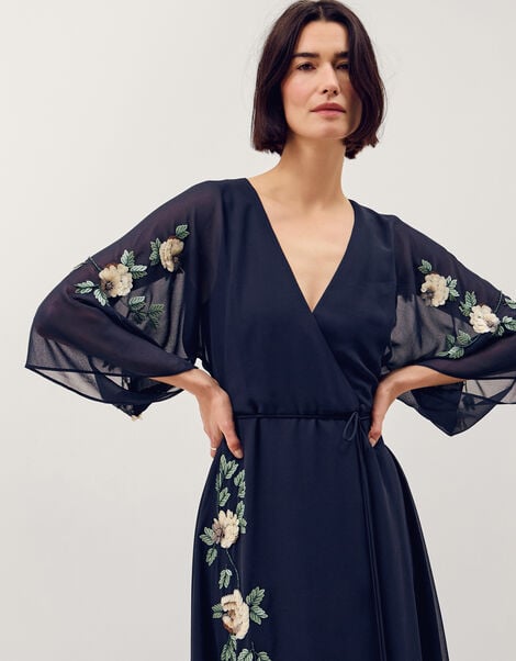 Clara Floral Embellished Midi Wrap Dress, Blue (NAVY), large
