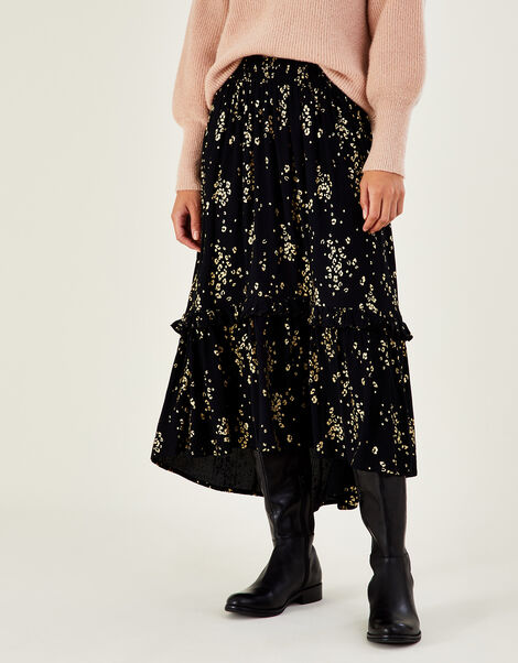 Lina Foil Print Skirt in Sustainable Viscose, Black (BLACK), large