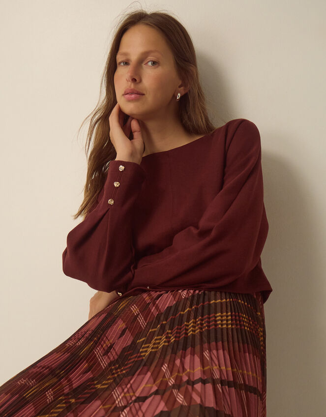 Melinda Check Print Pleated Midi Dress, Red (BURGUNDY), large