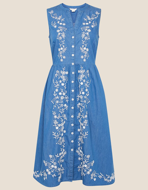 Indo Era Blue Floral Embroidered Bell Sleeves With Pom-Pom Detail A-Line Dress main image 0
