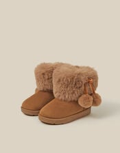 Toddler Fluffy Pom Ankle Boots, Tan (TAN), large