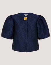 Juliana Floral Jacquard Puff Sleeve Jacket, Blue (NAVY), large