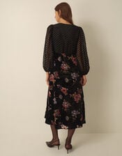 Abril V-Neck Floral Devor&eacute; Velvet Midi Dress , Black (BLACK), large