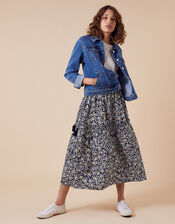 Floral Print Midi Skirt in Organic Cotton, Blue (NAVY), large