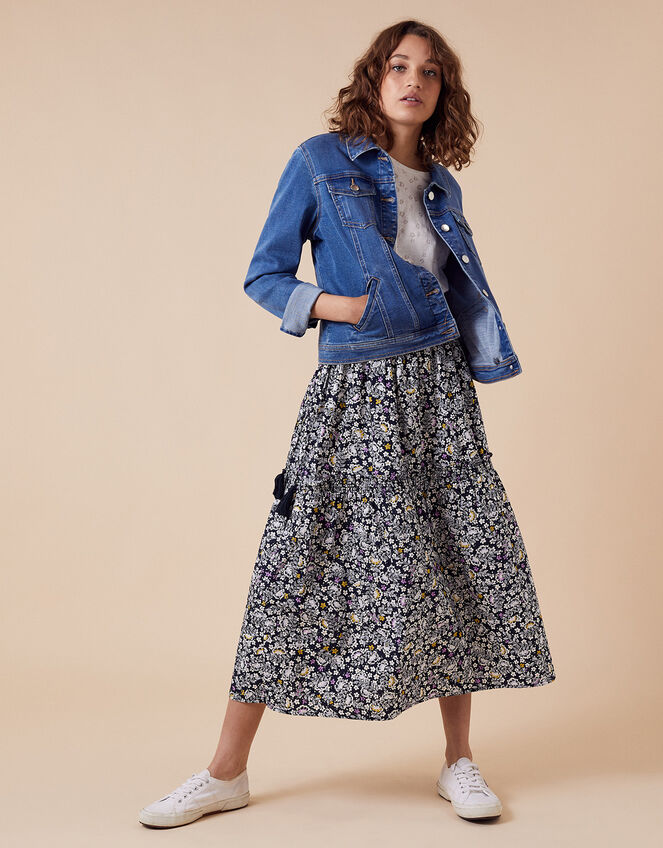 Floral Print Midi Skirt in Organic Cotton, Blue (NAVY), large