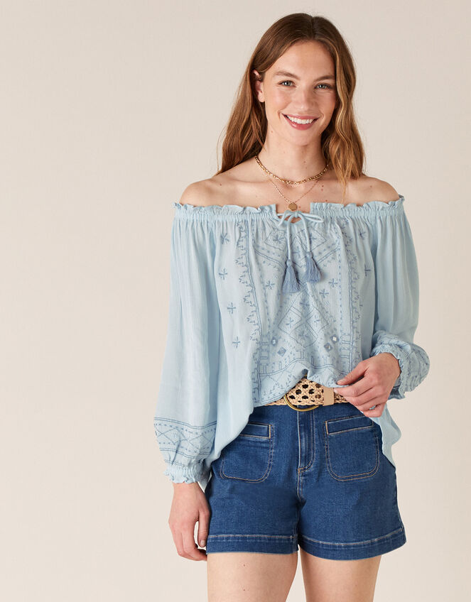 Embroidered Off-the-Shoulder Top, Blue (DENIM BLUE), large