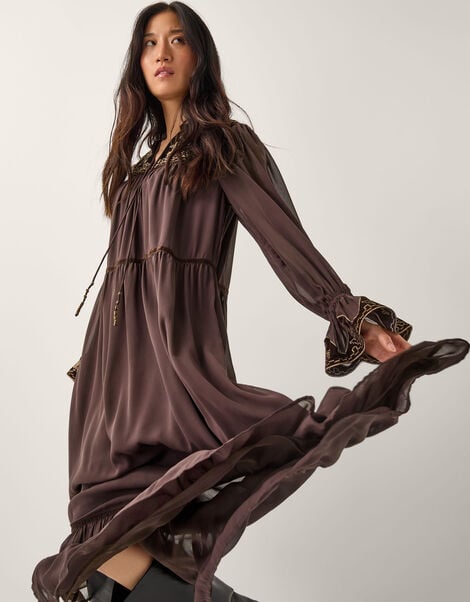 Nova Embroidered Yoke Chiffon Maxi Dress, Brown (CHOCOLATE), large