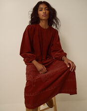 Joyce Embroidered Corduroy Midi Dress, Brown (COGNAC), large