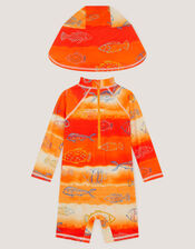 Fish Print UPF50+ Swimsuit & Sun Hat , Orange (ORANGE), large