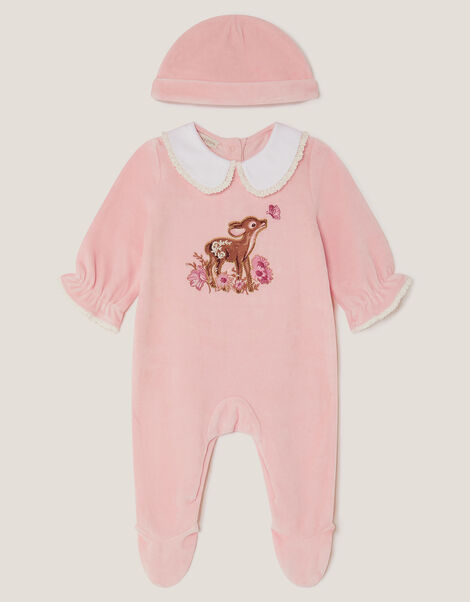 Felicity Fawn Velour Sleepsuit & Hat Set, Pink (PINK), large