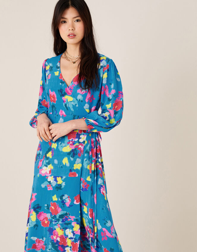 Ellie Floral Wrap Dress in Sustainable Viscose, Blue (TURQUOISE), large