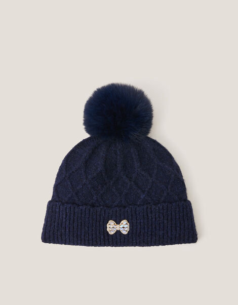 Diamond Bow Pom-Pom Beanie Hat, Blue (NAVY), large