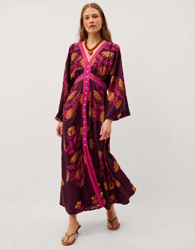 Koa Long Sleeve Floral Midi Dress, Red (BERRY), large