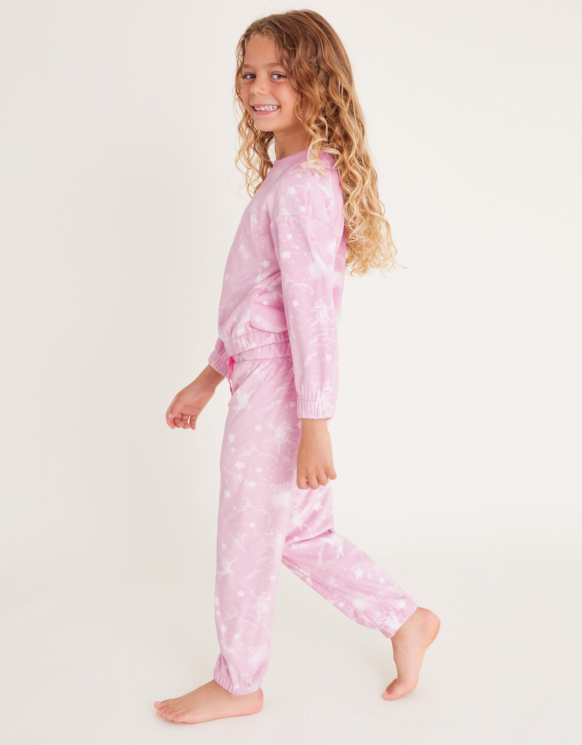 Velour Fairy Print Long Sleeve Pyjamas Set Pink