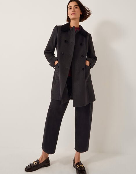 Lottie Velvet Trim Double Breasted Coat, Black (BLACK), large