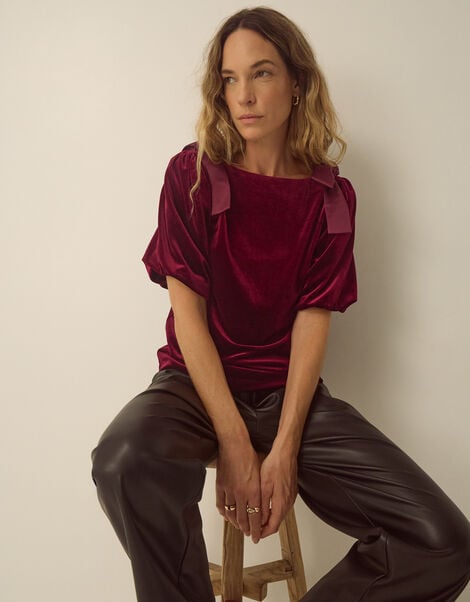 Vittoria Short Sleeve Bow Velvet Top, Red (BURGUNDY), large