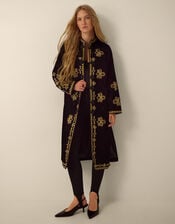 Monsoon x Queens of Archive Kate Long Embroidered Velvet Jacket, Black (BLACK), large