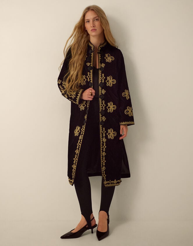 Monsoon x Queens of Archive Kate Long Embroidered Velvet Jacket, Black (BLACK), large