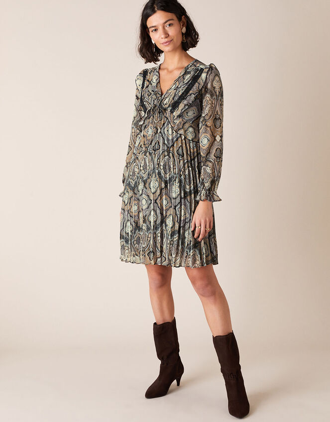 Geometric Print Pleated Dress, Grey (GREY), large