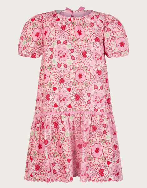 Heart Print Puff Sleeve Dress, Pink (PINK), large