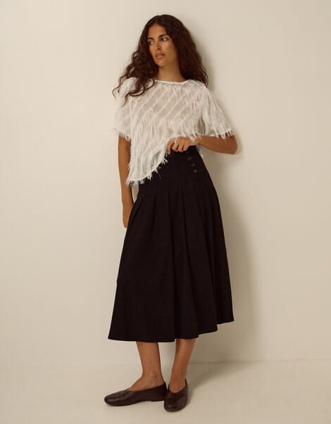Sonja Pleated Corduroy Midi Skirt, Black (BLACK), large